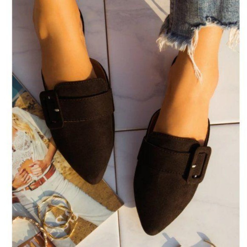 Faux Suede Buckle Mule in Black - Picture 5 of 7